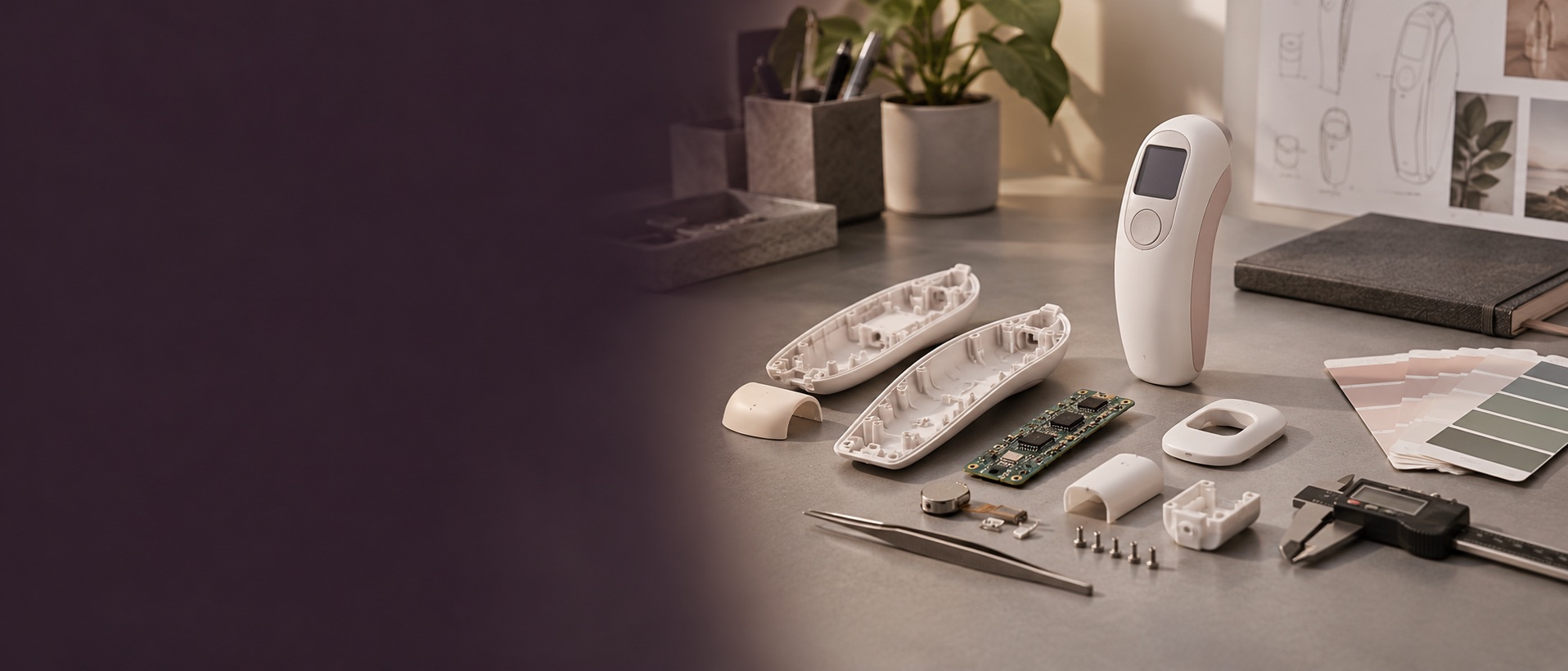 Contextual product-development scene with device housing, components and measuring tools